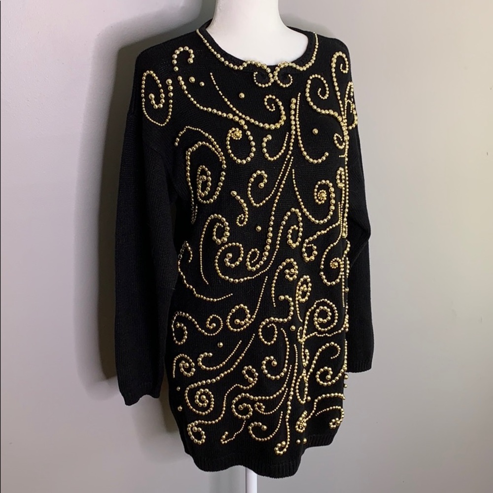 Vintage Black Gold Beaded Embellished Sweater - Picture 2 of 7